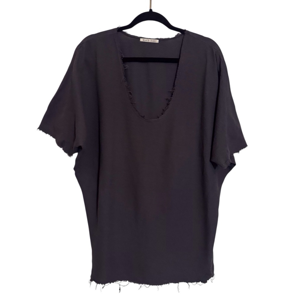Black Crane Small Gray Cotton Gauze Blouse Top Lagenlook Short Sleeve Oversized